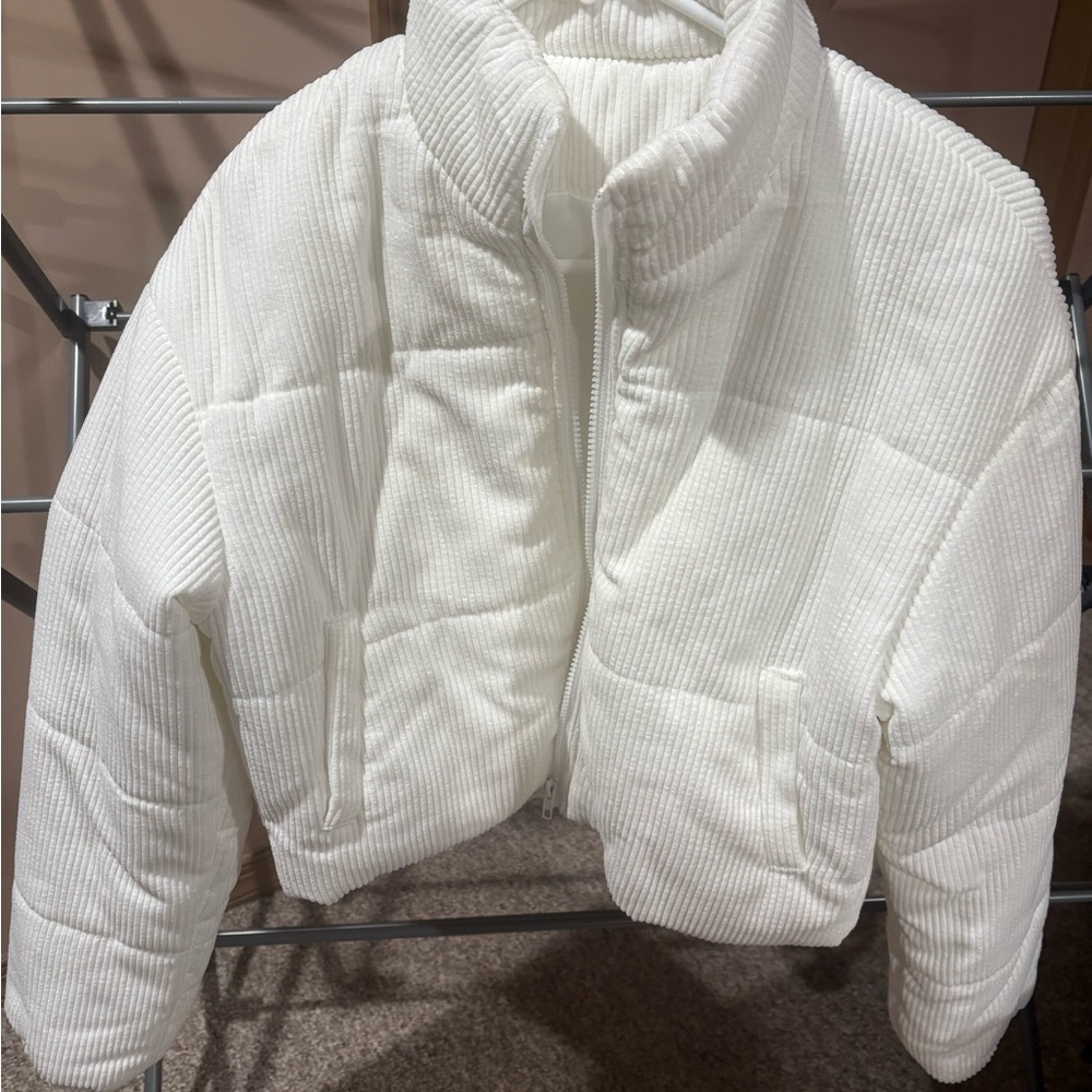 White Corduroy Quilted Puffer Jacket - Women's